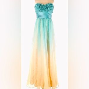Camille la Vie Strapless Ruched Waist Gown Ombre Chiffon w Raw Ruffle Bodice CL1